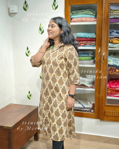 Beige and Brown Collared A-Line Kurta