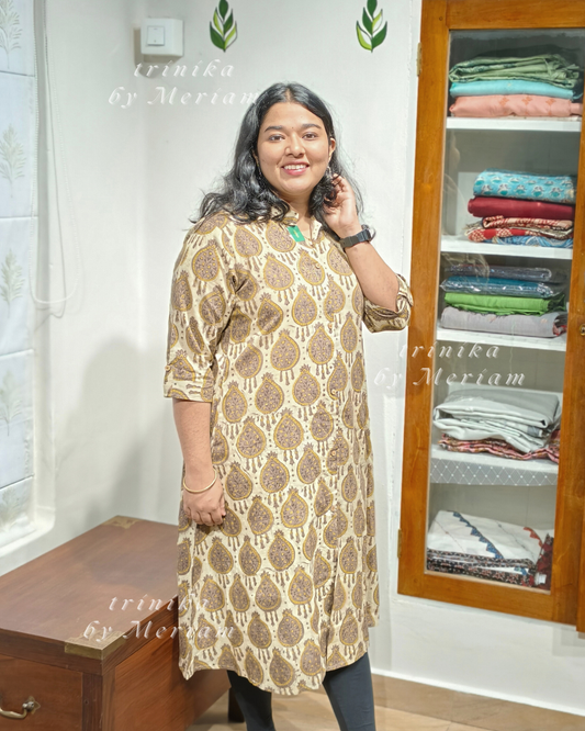Beige and Brown Collared A-Line Kurta