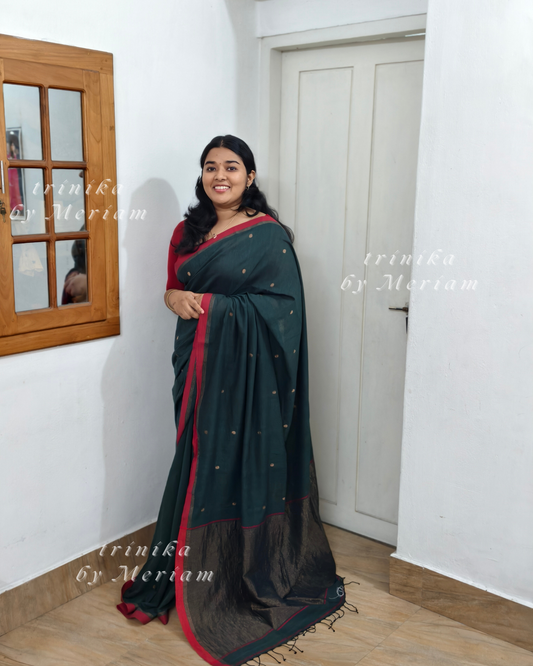 Bottle Green Jamdani Saree with Zari Buttas