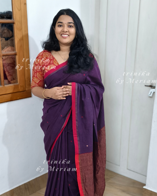 Dark Purple Jamdani Saree with Zari Buttas