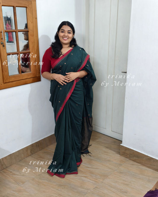 Bottle Green Jamdani Saree with Zari Buttas