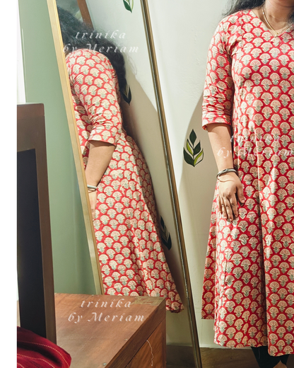 Coral red Panel-cut Kurta
