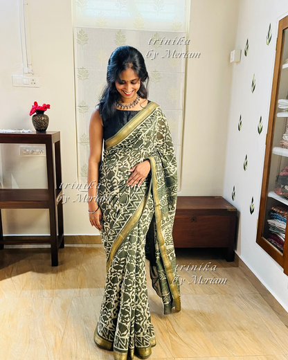 Leafy Green Maheshwari silk cotton saree