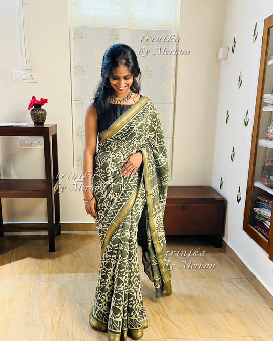 Leafy Green Maheshwari silk cotton saree