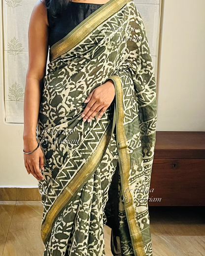 Leafy Green Maheshwari silk cotton saree