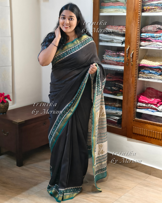 Crow Black Maheshwari Silk Cotton Saree