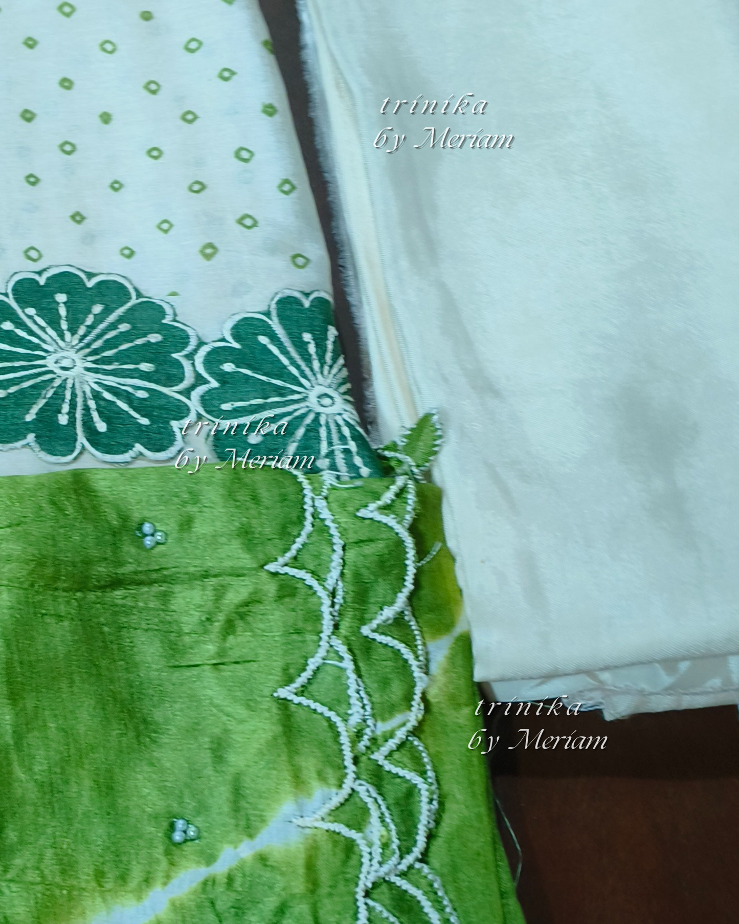 Cream and Green Pure Tussar Silk Salwar Suit