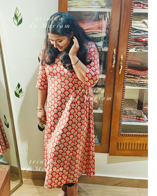 Coral red Panel-cut Kurta
