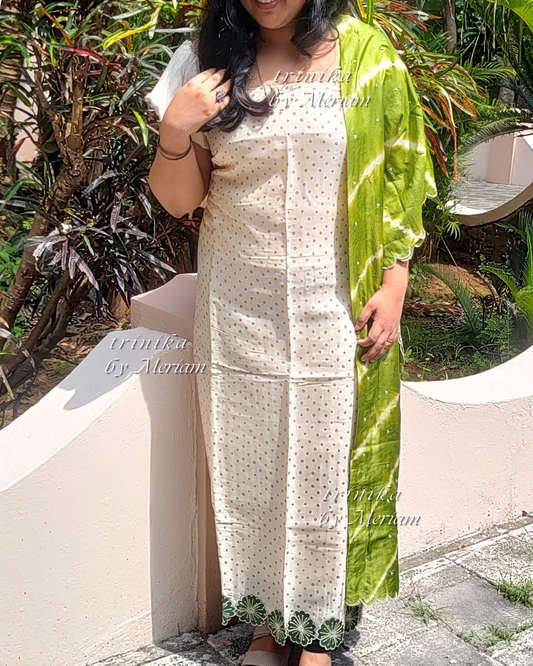 Cream and Green Pure Tussar Silk Salwar Suit