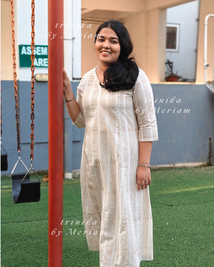 Cyan strips in white Panel-cut Kurta