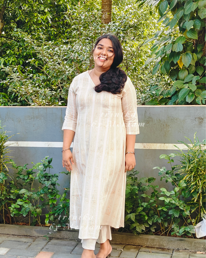 Cyan strips in white Panel-cut Kurta