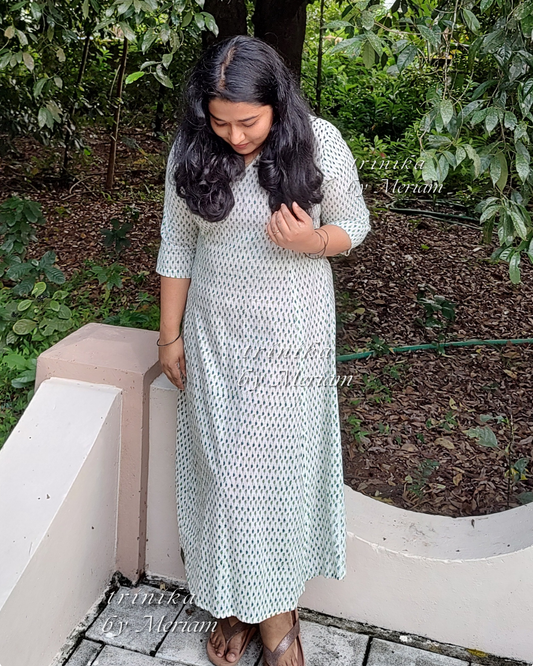 Green Leaves in White Panel-cut Kurta