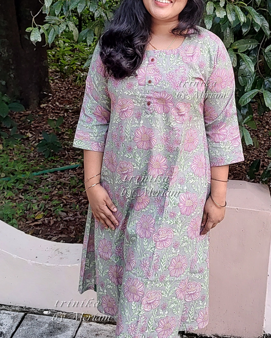 Blue Grey Floral A-Line Kurta