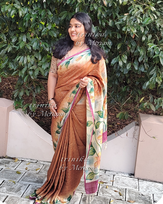 Rust Brown Pure Tussar Silk Saree