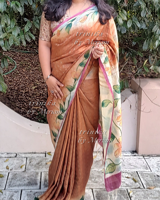 Rust Brown Pure Tussar Silk Saree