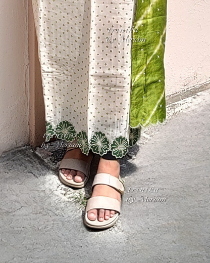 Cream and Green Pure Tussar Silk Salwar Suit