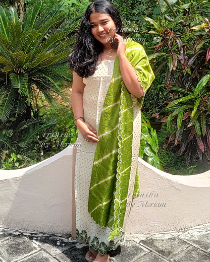Cream and Green Pure Tussar Silk Salwar Suit